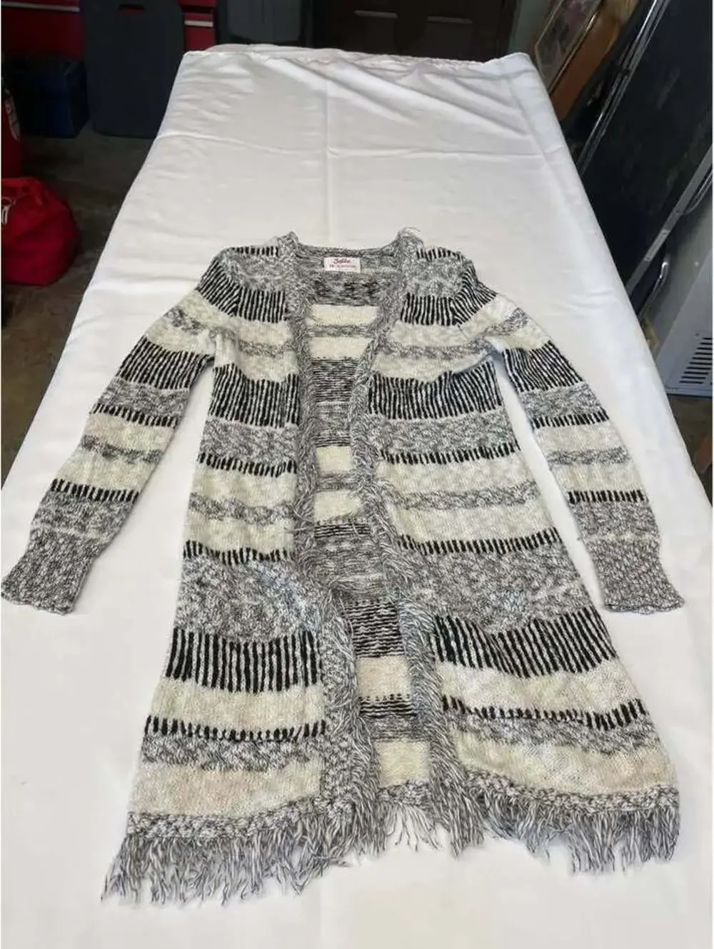 Justice Girls Size 14 Long Fringe Cardigan Sweater Black Gray Cream